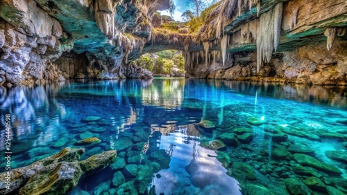Crystal-clear water reflects natural rock formations in a blue cenote interior