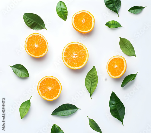 Vibrant citrus burst, An overhead arrangement featuring halved oranges and glossy green leaves against a crisp white surface with zestful allure photo