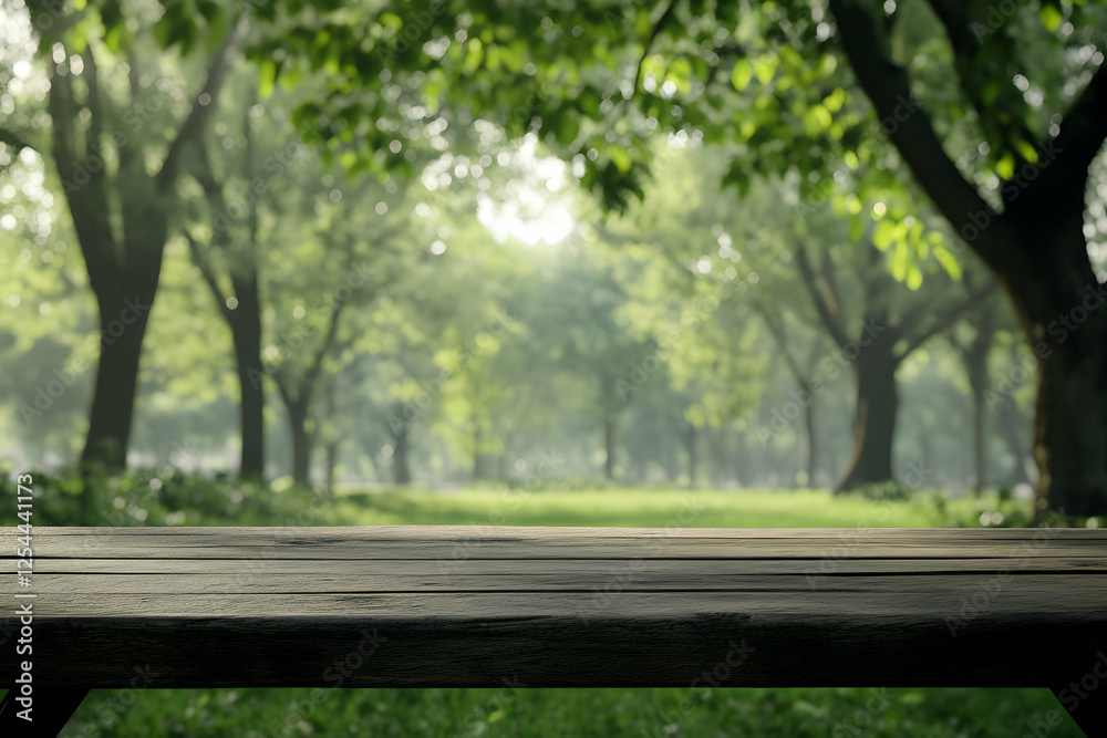Sun-Kissed Serenity, Wooden Table Perspective in a Lush Green Park, Inviting View of Tranquility and Natural Beauty, Perfect for Outdoor Moments Sun-Kissed Serenity, Wooden Table Perspective in a Lush Green Park, Inviting View of Tranquility and Natural Beauty, Perfect for Outdoor Moments