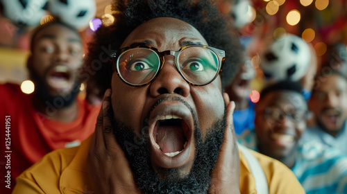 Gripping Goal Moment: A close-up shot captures the raw emotion of a Black soccer fan, his mouth agape in a moment of intense suspense, surrounded by equally engrossed fellow fans. photo