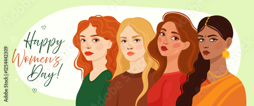 Card or banner for 8 March. Happy Women's Day. Four women of different appearance and ethnicity. Blonde, curly redhead, brunette and indian girl. Spring.