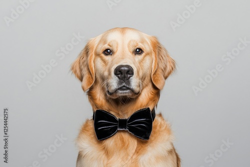 Pet Fashion Concepts. Golden retriever wearing a black bow tie on a neutral background.