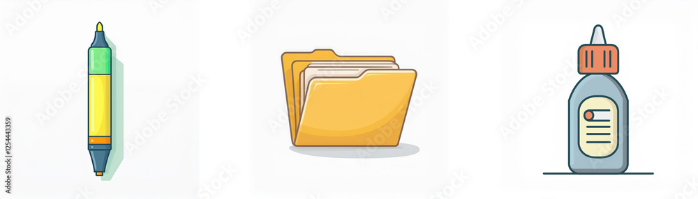 Icons of a marker, a folder, and a glue bottle, symbolizing office or school supplies and organization. Icons of a marker, a folder, and a glue bottle, symbolizing office or school supplies and organization.