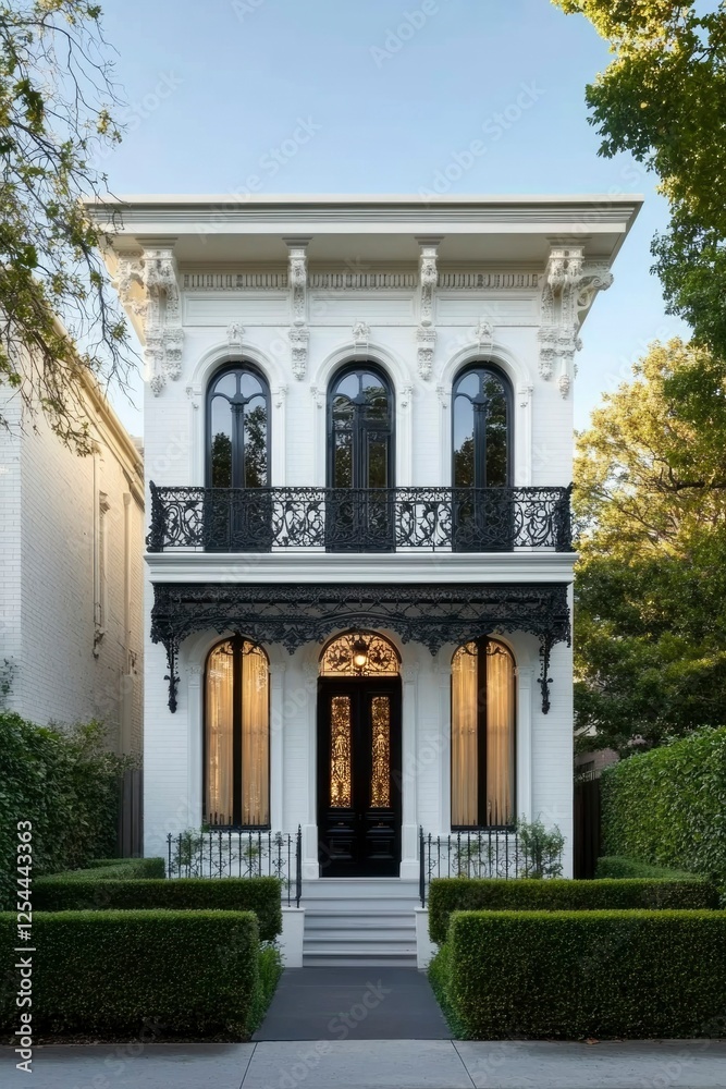Elegant white Victorian-style house with intricate black details surrounded by lush greenery Elegant white Victorian-style house with intricate black details surrounded by lush greenery