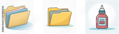 Illustration of two yellow folders with files and a red and white glue bottle icon, representing office organization and stationery.
