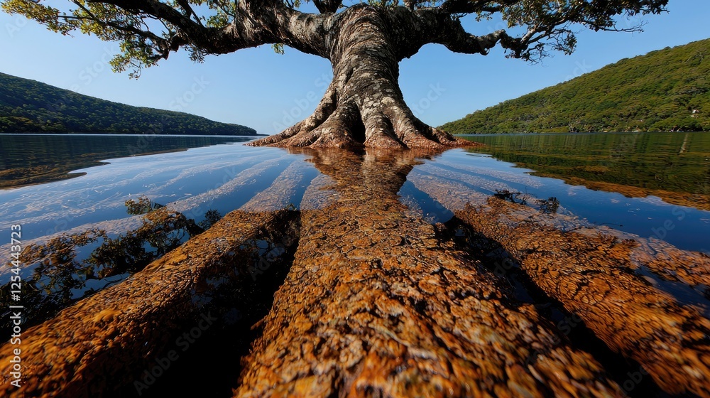Obraz premium Lake tree roots reflection calm water nature