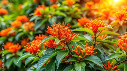 Fototapeta Naklejka Na Ścianę i Meble -  Vibrant firebush flowers bloom in a lush garden filled with greenery and colorful foliage