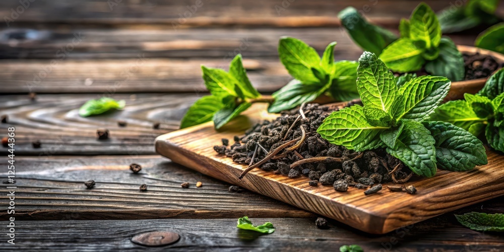 Aromatic tea leaves and fresh mint leaves arranged artfully on a rustic wooden palette , infusion, herbal, infusion Aromatic tea leaves and fresh mint leaves arranged artfully on a rustic wooden palette , infusion, herbal, infusion