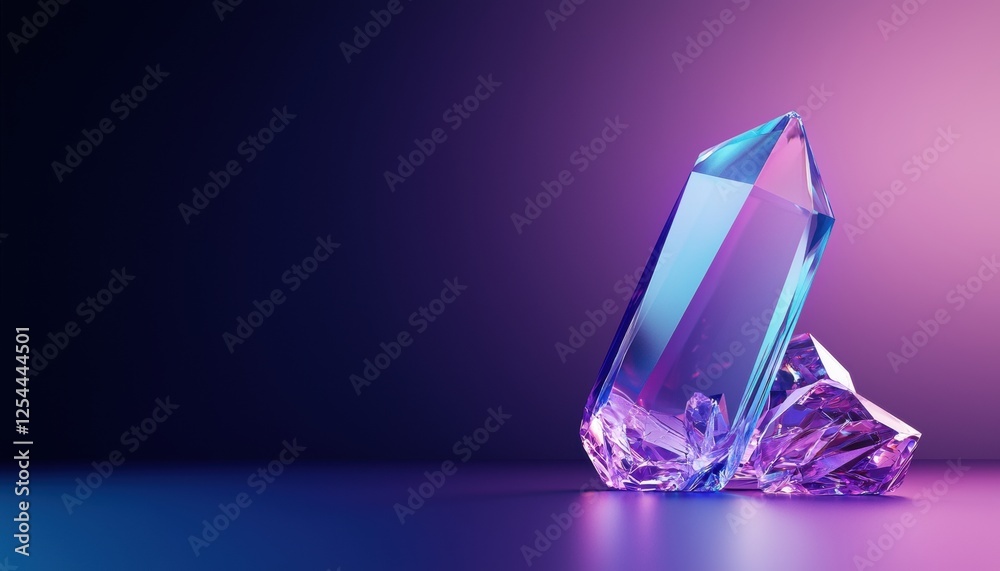 A stunning crystal with sharp edges reflects light, showcasing vibrant colors against a smooth surface and dark background. A stunning crystal with sharp edges reflects light, showcasing vibrant colors against a smooth surface and dark background.