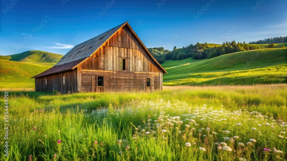 A rustic barn standing in a lush green meadow with tall grass and wildflowers A rustic barn standing in a lush green meadow with tall grass and wildflowers