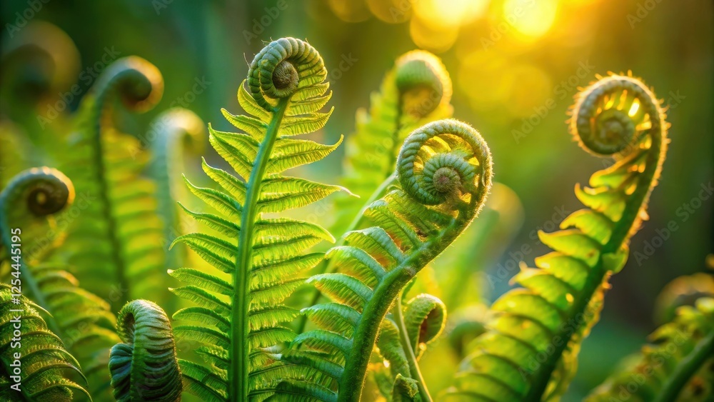 ferns unfurl in morning light, green leaves slowly emerge from closed fronds, delicate texture and vibrant colors capture soft natural beauty, gentle illumination, leaf unfolding