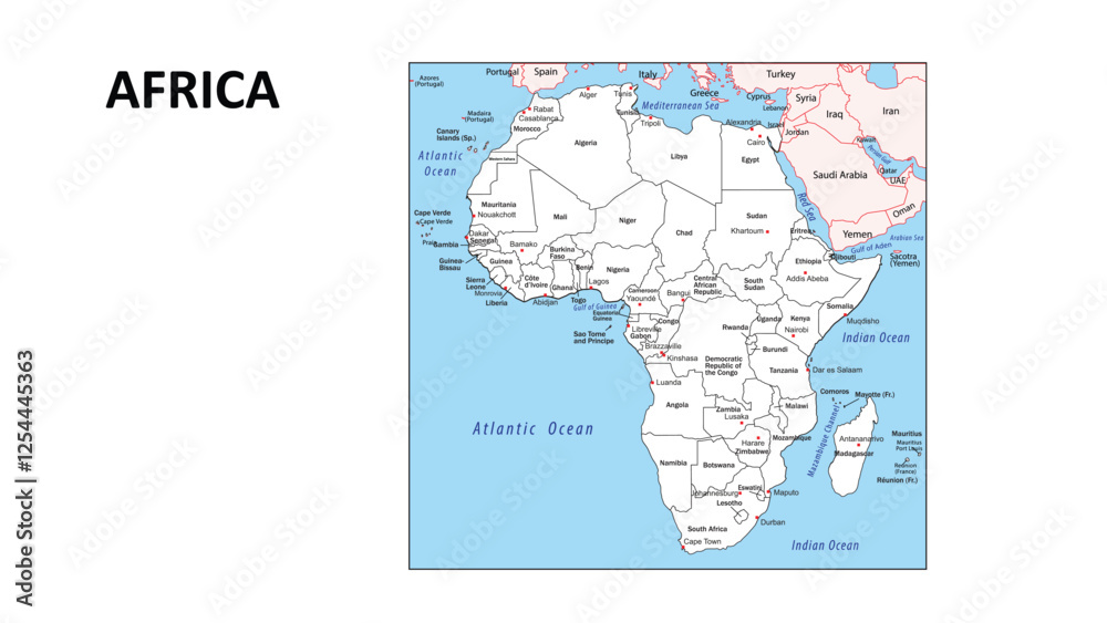 Fototapeta premium Africa Map. Countries map of Africa. Administrative map of Africa with Countries and capital in white color.