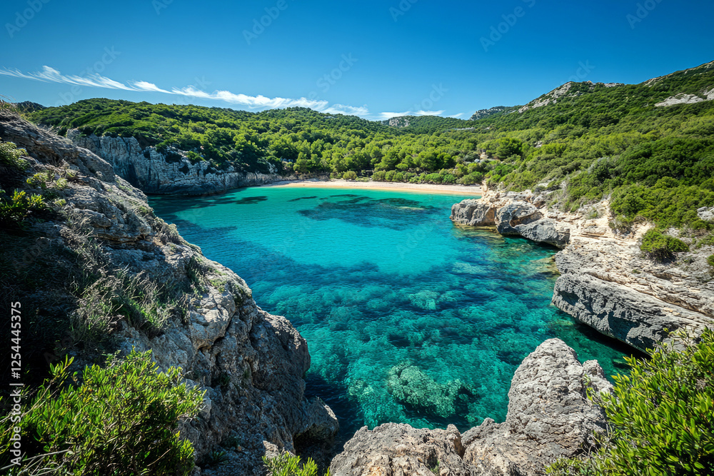 Obraz premium Secluded turquoise bay with crystal clear water surrounded by rocky cliffs and lush greenery under blue sky