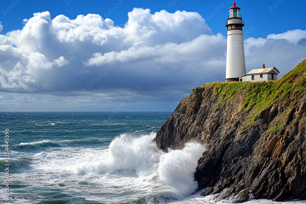 Lighthouse standing tall on rugged cliff with crashing ocean waves under dramatic sky Lighthouse standing tall on rugged cliff with crashing ocean waves under dramatic sky