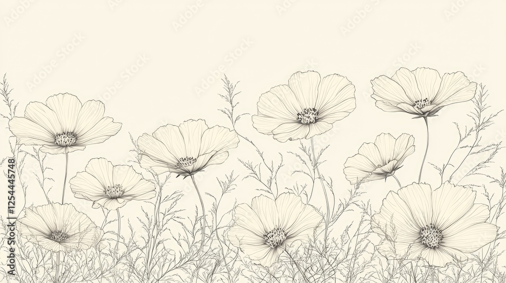 Fototapeta premium Elegant line drawing of delicate flowers in soft tones against a neutral background