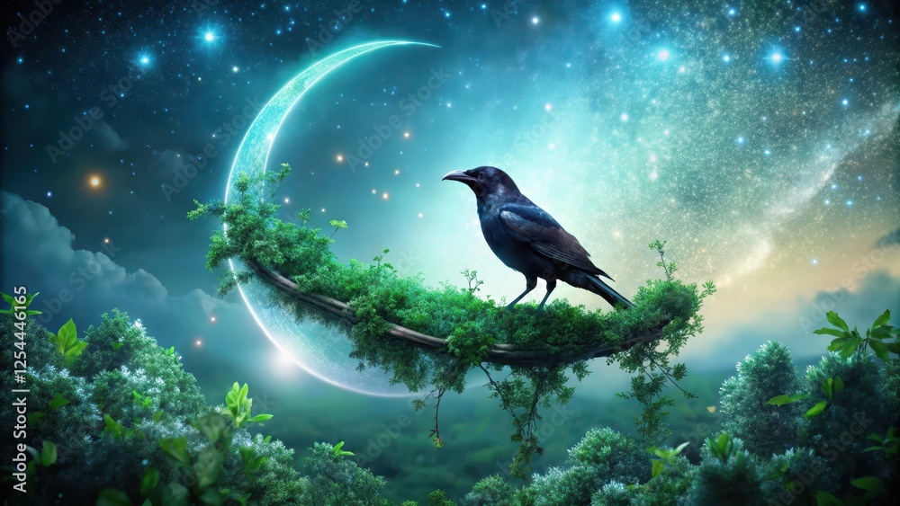 Fototapeta premium A solitary crow perches on a lunar crescent, its feathers glistening with dew, set against a backdrop of lush green foliage and twinkling stars in the evening , fantasy, landscape