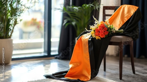 Fototapeta Naklejka Na Ścianę i Meble -  Graduation gown draped over a chair with a diploma and flowers