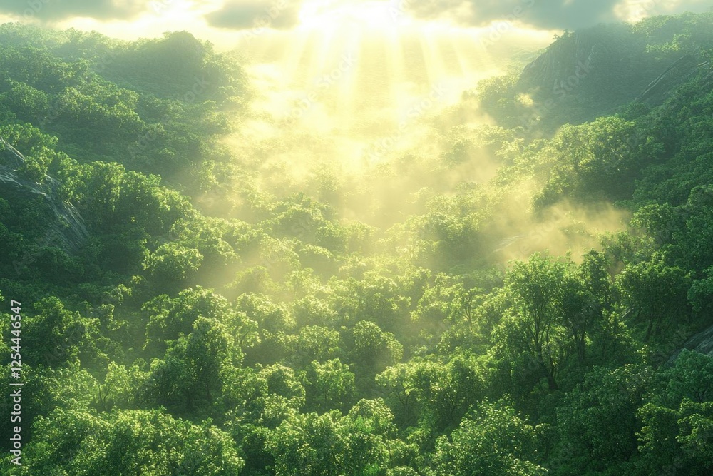 Fototapeta premium Misty Forest Sunlight Canopy View