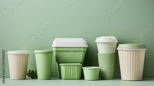 Eco-friendly disposable tableware on green background