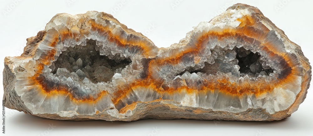 Geode crystal cluster interior, white background, specimen Geode crystal cluster interior, white background, specimen