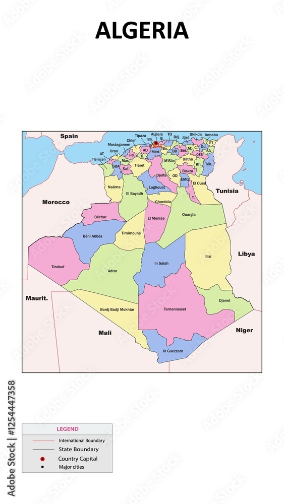 Obraz premium Algeria Map. State and union territories of Algeria with neighbouring countries. Political map of Algeria with capital and important cities in Detailed.