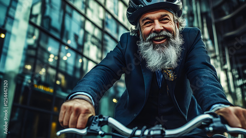 A joyful businessman cycles through the city wearing a helmet and suit with a happy expression.