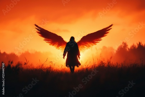 Silhouette of a figure with large wings walking towards a vibrant sunset over a grassy field photo