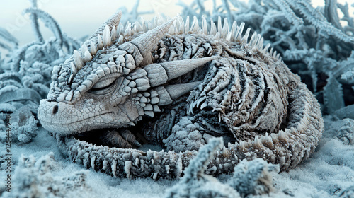 Frost-covered mythical creature resting on a snowy landscape with icy plants in the background