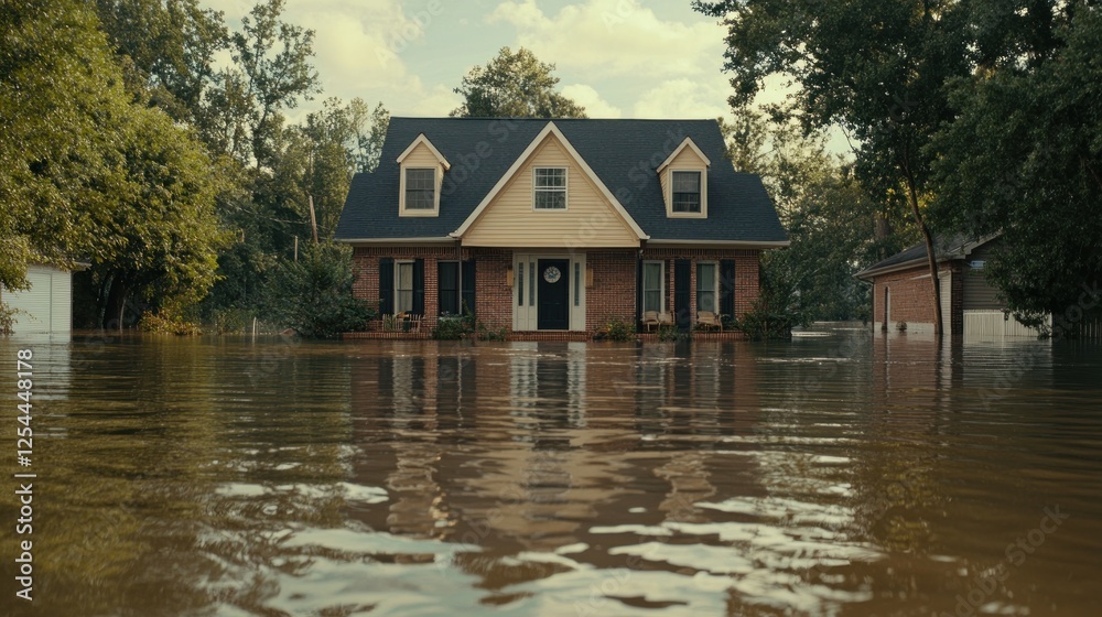 Flooded Suburban Home, Floodwater, Residential Area, Storm Damage, Insurance Claim Flooded Suburban Home, Floodwater, Residential Area, Storm Damage, Insurance Claim