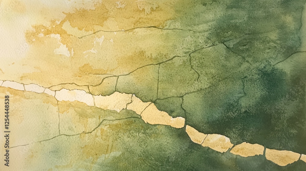 Obraz premium A surreal watercolor landscape of a deep river carving through cracked, golden earth, creating a stunning blend of textures and colors