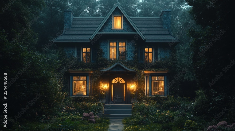 Nightfall, Victorian house, forest, illuminated, mystery, film backdrop Nightfall, Victorian house, forest, illuminated, mystery, film backdrop