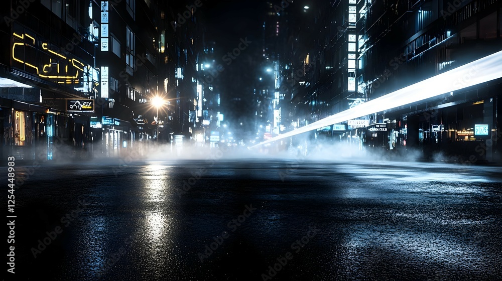 Obraz premium Night City Street Wet Road Reflection