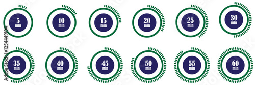Set of stopwatch icons from five to sixty minutes. Set of stopwatch and countdown timer icons. Digital stopwatch and countdown icons. Time tracking collection. Stopwatch and timer icons. Vector