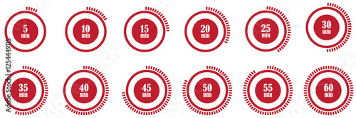 Minutes timer collection set from 5 to 60 minutes. Stopwatch and timer icons. Sport speed chronometer set. Set of stopwatches and countdown timers. Timer, clock, stopwatch icons. Vector illustration 