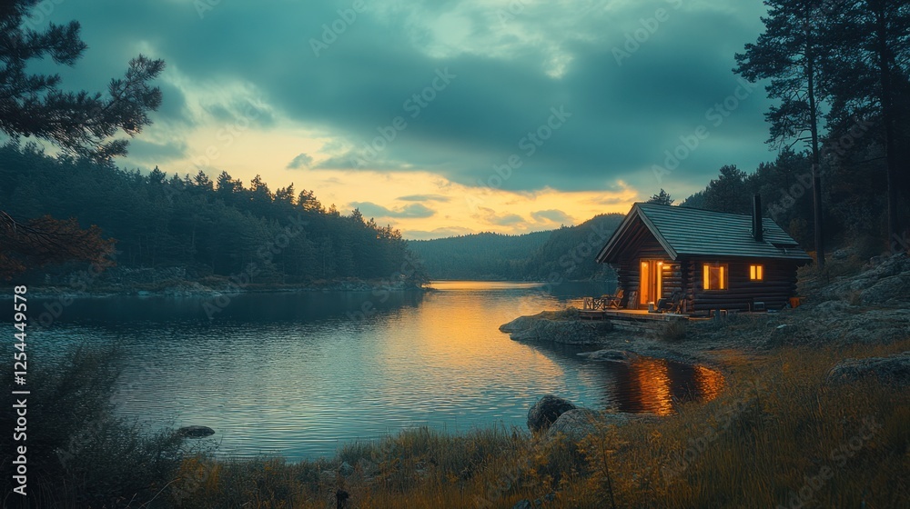 Fototapeta premium Lakeside cabin sunset, tranquil forest, peaceful evening, nature escape