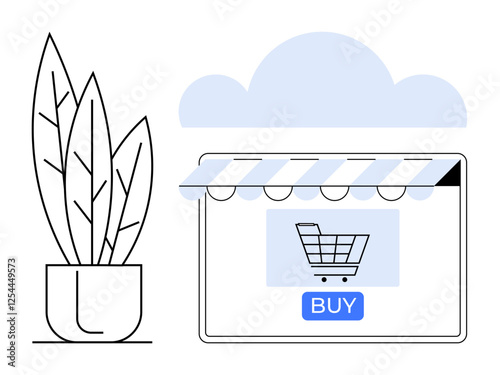 Tablet with awning and shopping cart icon featuring BUY button. Cloud element above tablet. Potted plant with large leaves on the left. Ideal for e-commerce, digital shopping, online stores