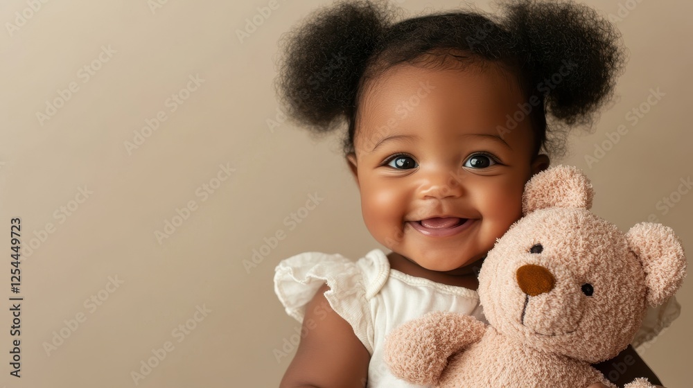 A 7-month-old Black baby girl smiles joyfully with her plush toy in a tidy space A 7-month-old Black baby girl smiles joyfully with her plush toy in a tidy space