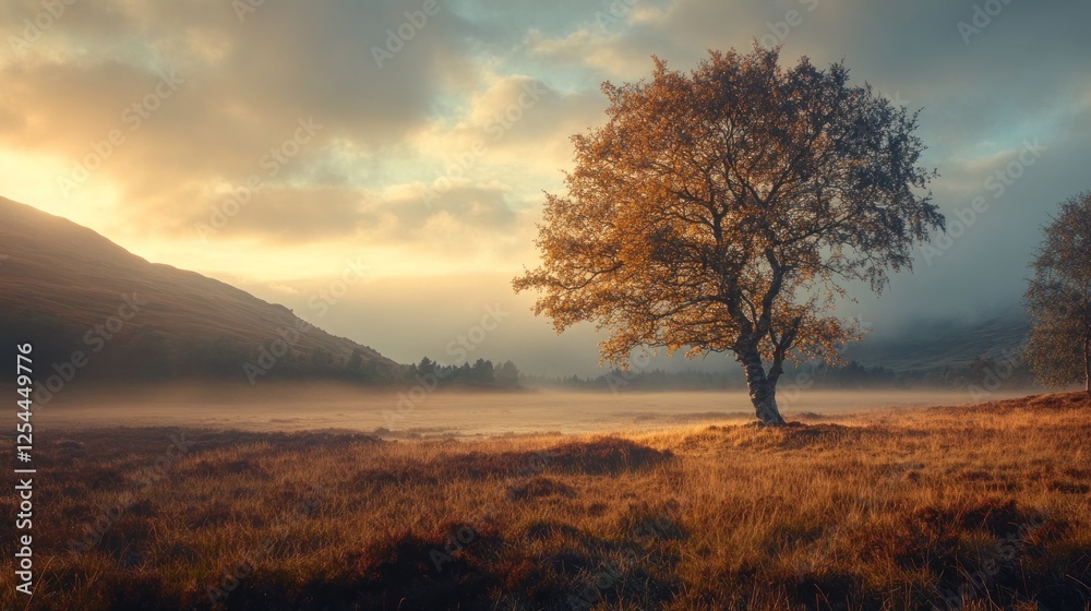 Solitary autumn tree sunrise misty valley landscape Solitary autumn tree sunrise misty valley landscape