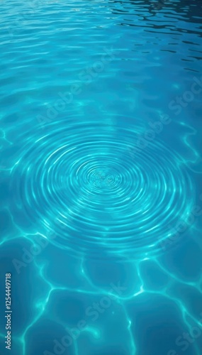 Clear blue lake surface with concentric rings and subtle ripples from water drops, liquid clarity, reflections, mirror-like