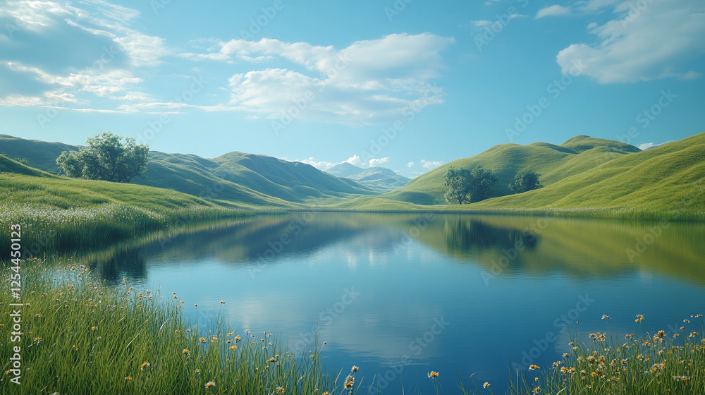 A peaceful landscape with rolling hills and calm waters evokes harmony and balance The modern bright tone enhances serenity while the blurred empty space invites reflection and endless possibilities A peaceful landscape with rolling hills and calm waters evokes harmony and balance The modern bright tone enhances serenity while the blurred empty space invites reflection and endless possibilities