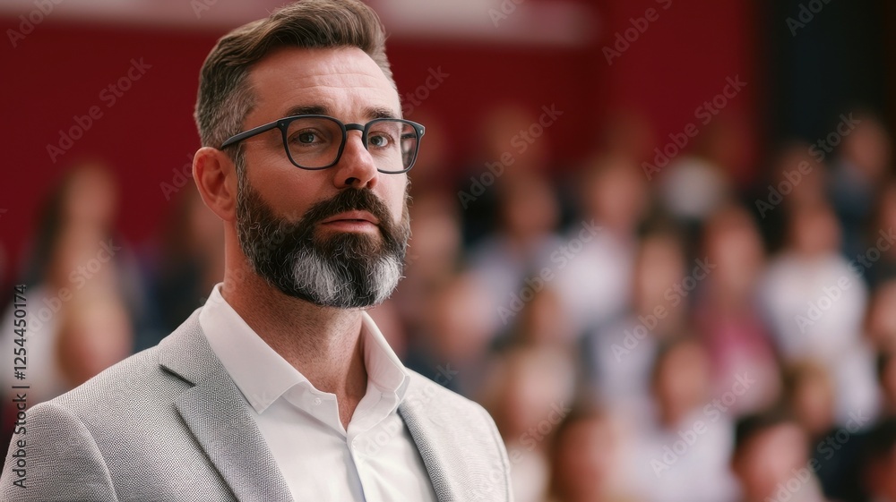 Fototapeta premium Leadership conference keynote speaker engaging audience seminar hall professional event inspiring environment close-up