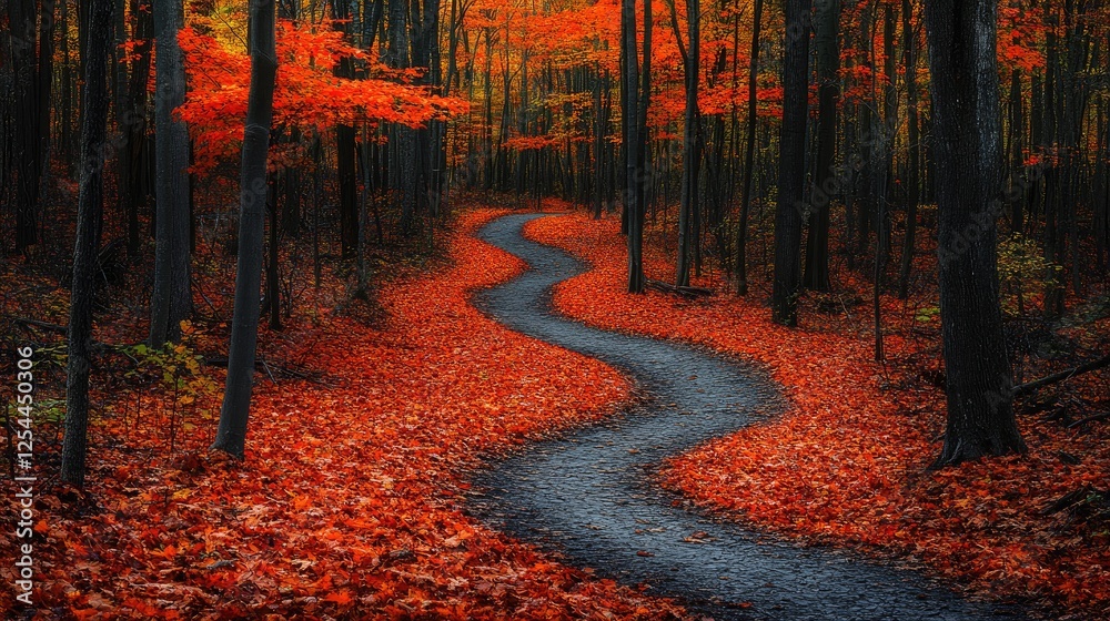 Fototapeta premium Serene winding path through vibrant autumn forest with fallen leaves and colorful trees