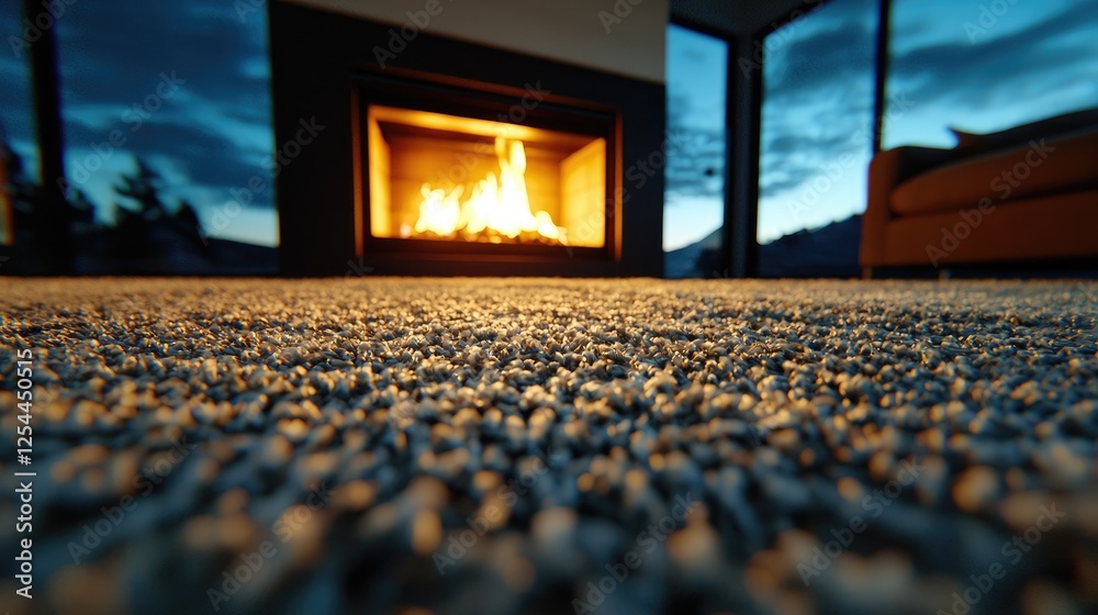 Fototapeta premium Cozy carpet near fireplace, sunset view