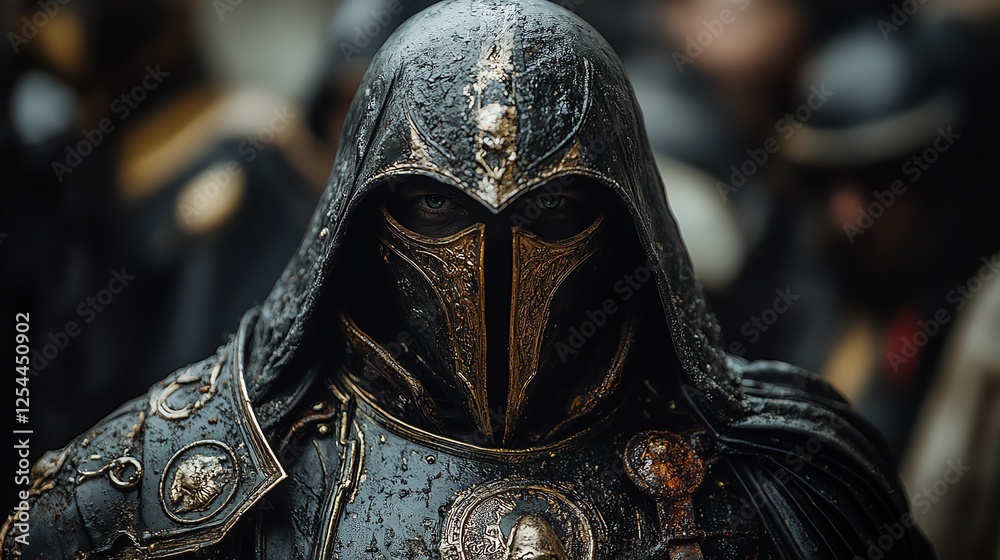 Fototapeta premium A mysterious figure in dark, ornate armor stands solemnly in the rain, embodying the essence of ancient warrior culture and mystique
