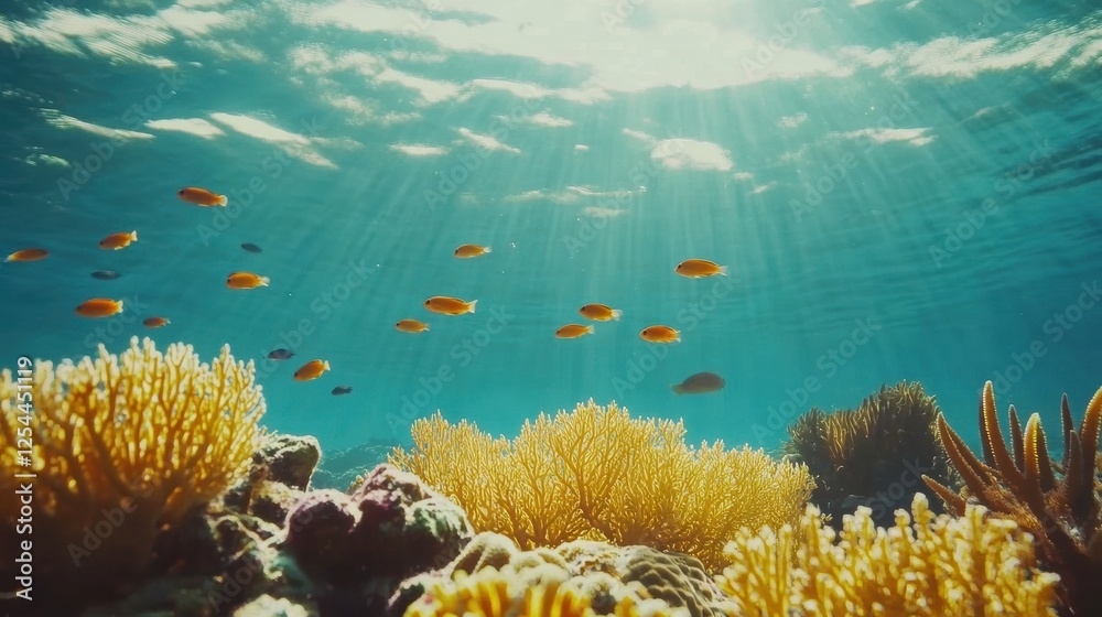 Naklejka premium Colorful coral reef teeming with tropical fish in a clear blue ocean setting. Generative AI