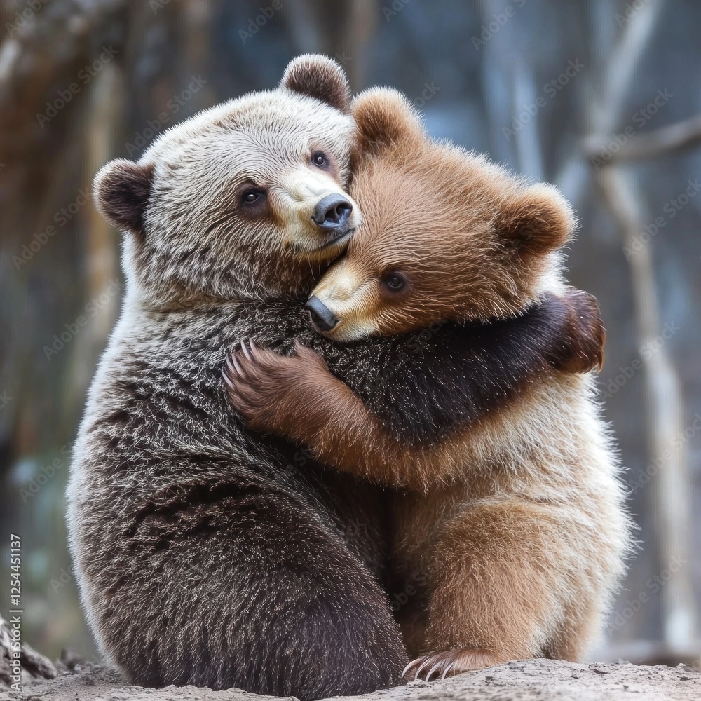 Obraz premium Grizzly bear cubs hugging, forest background, wildlife, nature, adorable
