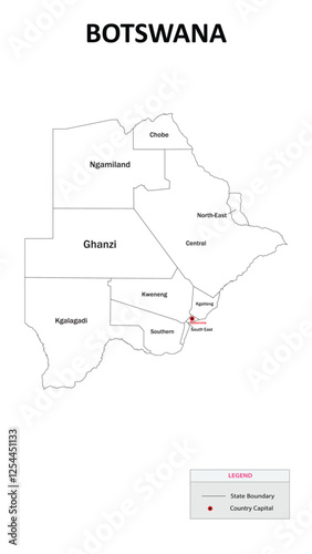 Botswana Map. State and district map of Botswana. Administrative map of Botswana with states and boundaries in white color. photo