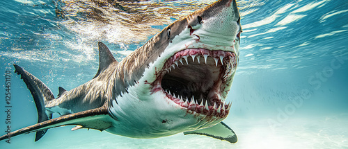 Great white shark breaching the ocean surface with mouth open, surrounded by shimmering water