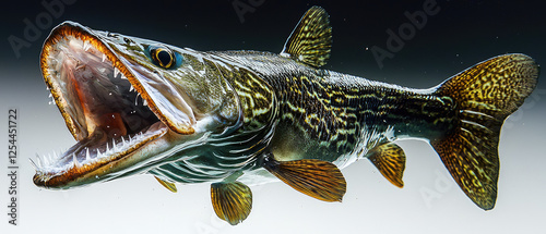 Lively freshwater fish with open mouth swimming in clear water, showcasing vibrant colors and details