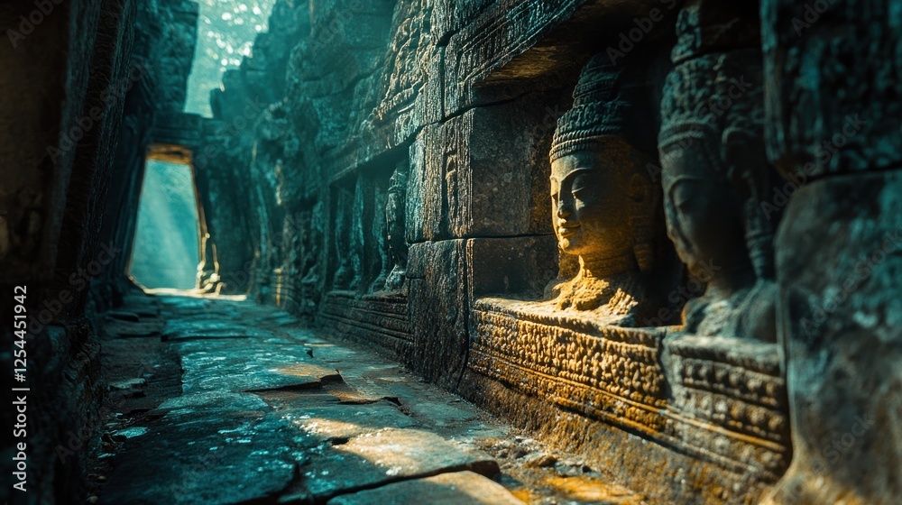 Obraz premium Sunlit Angkor Wat corridor, ancient stone carvings, jungle backdrop, travel tourism